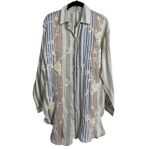 Kyla Seo Embroidered Button Long Sleeve Tunic Striped Top Sz‎ Small Beige Blue